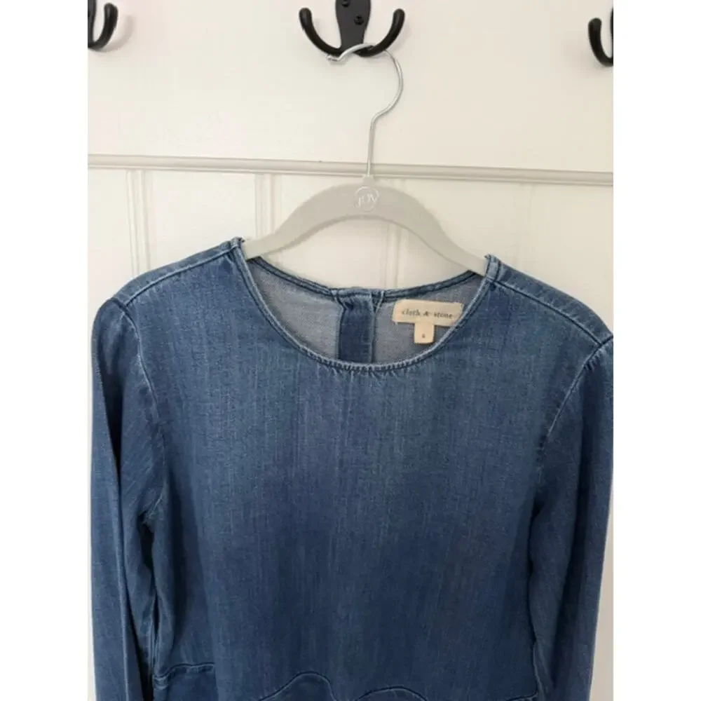 Cloth & Stone Chambray Lyocell Peplum Top Frayed Hem Button Back Long Sleeve S - Picture 4 of 10